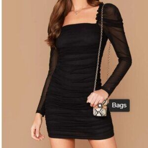 Privé Black Frill Trim Gigot Sleeve Ruched Mesh Overlay Short Dress